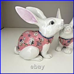 VTG Ceramic Chinese Bunny Rabbit Figurines White Pink Floral Macau Easter