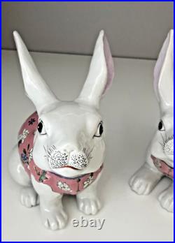 VTG Ceramic Chinese Bunny Rabbit Figurines White Pink Floral Macau Easter
