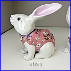 VTG Ceramic Chinese Bunny Rabbit Figurines White Pink Floral Macau Easter