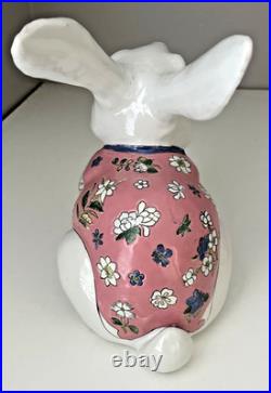 VTG Ceramic Chinese Bunny Rabbit Figurines White Pink Floral Macau Easter