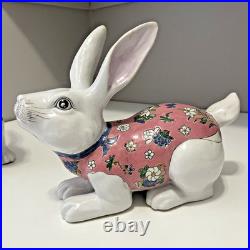 VTG Ceramic Chinese Bunny Rabbit Figurines White Pink Floral Macau Easter