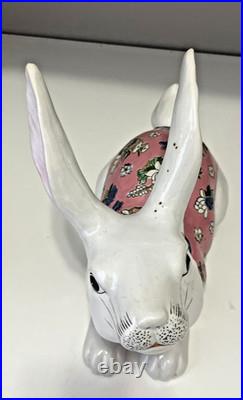 VTG Ceramic Chinese Bunny Rabbit Figurines White Pink Floral Macau Easter