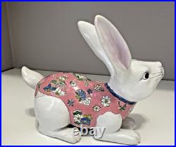 VTG Ceramic Chinese Bunny Rabbit Figurines White Pink Floral Macau Easter