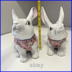 VTG Ceramic Chinese Bunny Rabbit Figurines White Pink Floral Macau Easter