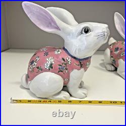 VTG Ceramic Chinese Bunny Rabbit Figurines White Pink Floral Macau Easter