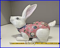 VTG Ceramic Chinese Bunny Rabbit Figurines White Pink Floral Macau Easter