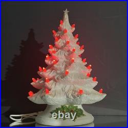 VTG Ceramic Christmas Tree White with Lighted Holly Base Red Bulbs Holiday Decor
