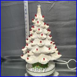 VTG Ceramic Christmas Tree White with Lighted Holly Base Red Bulbs Holiday Decor