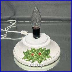 VTG Ceramic Christmas Tree White with Lighted Holly Base Red Bulbs Holiday Decor