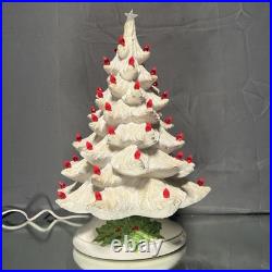 VTG Ceramic Christmas Tree White with Lighted Holly Base Red Bulbs Holiday Decor