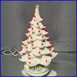 VTG Ceramic Christmas Tree White with Lighted Holly Base Red Bulbs Holiday Decor