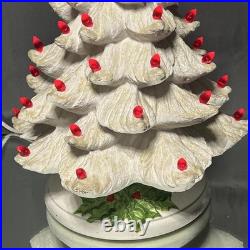 VTG Ceramic Christmas Tree White with Lighted Holly Base Red Bulbs Holiday Decor