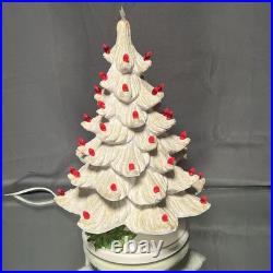 VTG Ceramic Christmas Tree White with Lighted Holly Base Red Bulbs Holiday Decor