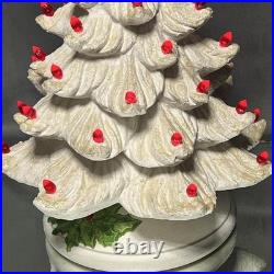 VTG Ceramic Christmas Tree White with Lighted Holly Base Red Bulbs Holiday Decor