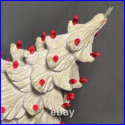 VTG Ceramic Christmas Tree White with Lighted Holly Base Red Bulbs Holiday Decor