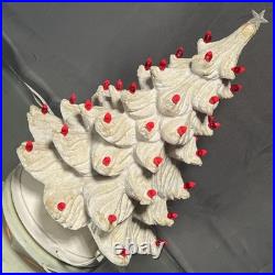 VTG Ceramic Christmas Tree White with Lighted Holly Base Red Bulbs Holiday Decor