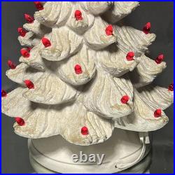VTG Ceramic Christmas Tree White with Lighted Holly Base Red Bulbs Holiday Decor