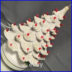 VTG Ceramic Christmas Tree White with Lighted Holly Base Red Bulbs Holiday Decor
