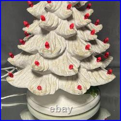 VTG Ceramic Christmas Tree White with Lighted Holly Base Red Bulbs Holiday Decor