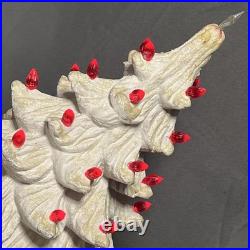 VTG Ceramic Christmas Tree White with Lighted Holly Base Red Bulbs Holiday Decor