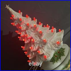 VTG Ceramic Christmas Tree White with Lighted Holly Base Red Bulbs Holiday Decor