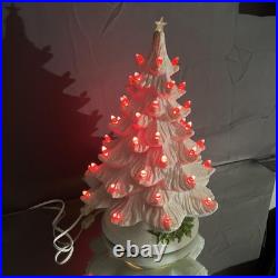 VTG Ceramic Christmas Tree White with Lighted Holly Base Red Bulbs Holiday Decor