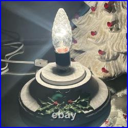 VTG Ceramic Christmas Tree White with Lighted Holly Base Red Bulbs Holiday Decor