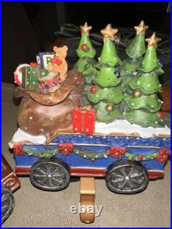VTG Christmas Train Stocking Holder Set 4pcs Light-Up Mantle Hooks Flaws