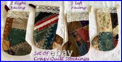 VTG Crazy Quilt Xmas Stockings Embroidery + Antique Lace Handmade Set of 4 Frog