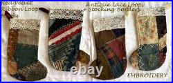VTG Crazy Quilt Xmas Stockings Embroidery + Antique Lace Handmade Set of 4 Frog