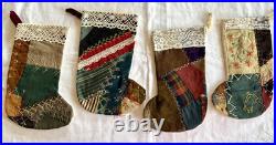 VTG Crazy Quilt Xmas Stockings Embroidery + Antique Lace Handmade Set of 4 Frog