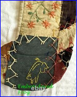 VTG Crazy Quilt Xmas Stockings Embroidery + Antique Lace Handmade Set of 4 Frog