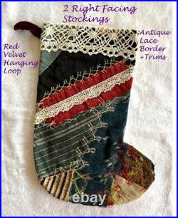 VTG Crazy Quilt Xmas Stockings Embroidery + Antique Lace Handmade Set of 4 Frog