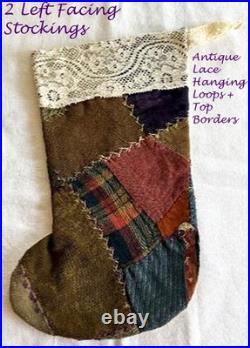 VTG Crazy Quilt Xmas Stockings Embroidery + Antique Lace Handmade Set of 4 Frog