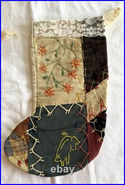 VTG Crazy Quilt Xmas Stockings Embroidery + Antique Lace Handmade Set of 4 Frog