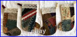VTG Crazy Quilt Xmas Stockings Embroidery + Antique Lace Handmade Set of 4 Frog