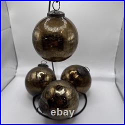 VTG Kugel Style Dark Gold Mercury Crackle Glass Christmas Ornaments Set Of 4