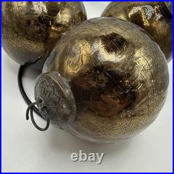 VTG Kugel Style Dark Gold Mercury Crackle Glass Christmas Ornaments Set Of 4