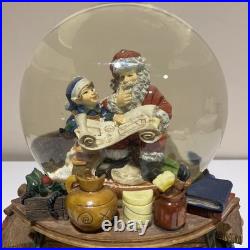 VTG Santa Claus Checking His List Snow Globe Elves Musical Revolving Large Rare