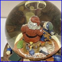 VTG Santa Claus Checking His List Snow Globe Elves Musical Revolving Large Rare