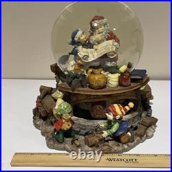 VTG Santa Claus Checking His List Snow Globe Elves Musical Revolving Large Rare