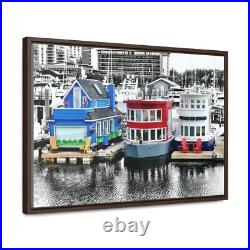 Vancouver Marina House Boats Canvas Print Blue, Red, White, Nautical Home Decor