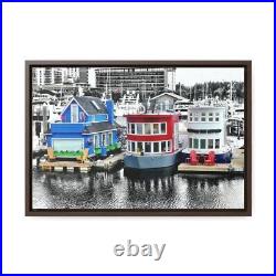 Vancouver Marina House Boats Canvas Print Blue, Red, White, Nautical Home Decor