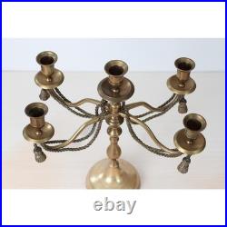 Vintage 5-Arm Brass Candelabra with Rope & Tassel Detail, Tapered-Candle Holder