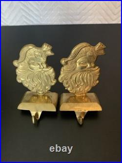Vintage Brass Good Tone Santa Claus Face Stocking Holder Pair Set Heavy Holiday