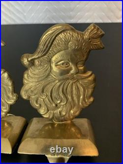 Vintage Brass Good Tone Santa Claus Face Stocking Holder Pair Set Heavy Holiday