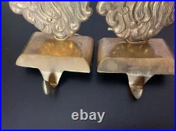 Vintage Brass Good Tone Santa Claus Face Stocking Holder Pair Set Heavy Holiday