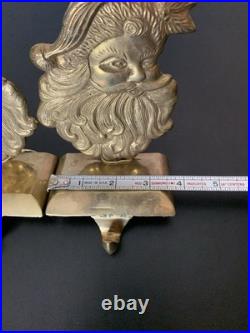 Vintage Brass Good Tone Santa Claus Face Stocking Holder Pair Set Heavy Holiday
