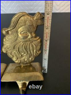 Vintage Brass Good Tone Santa Claus Face Stocking Holder Pair Set Heavy Holiday
