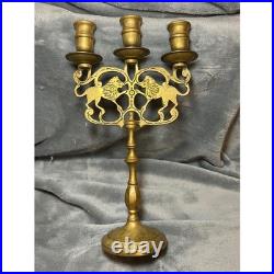 Vintage Brass Lion Candelabra Triple Candle Holder Table Decor 13 Tall